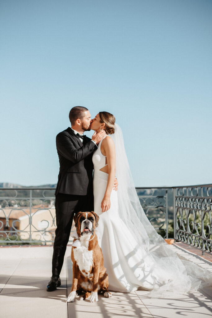 Couple de mariés qui s'embrassent à Marseille sur une terrasse avec un chien agence Fairytale wedding planner mariage Marseille
